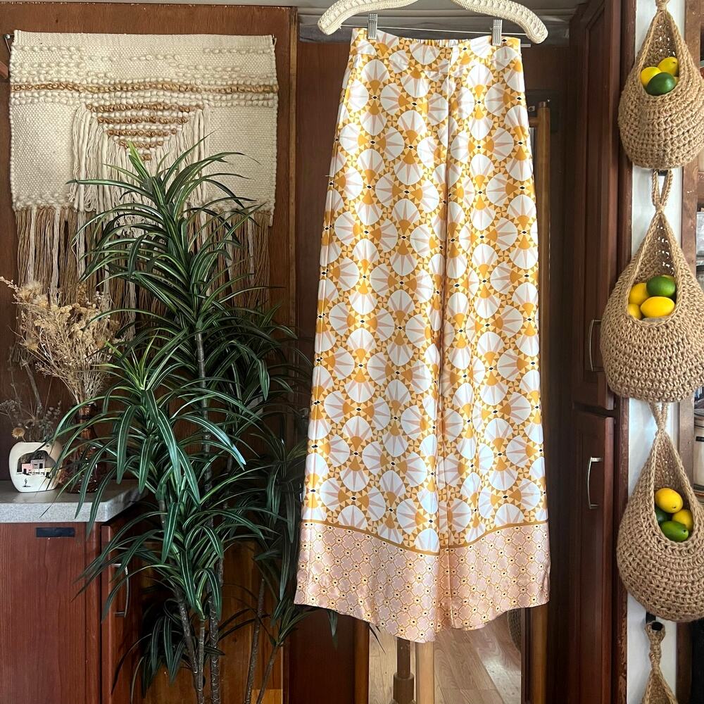 House of Harlow 1960 XS Wide Leg Satin Pants High Rise Gold Pink Art Deco Resort